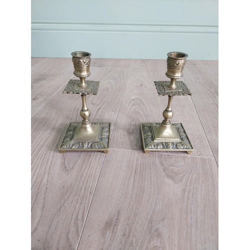 556 - Pair of decorative brass candlesticks in the Georgian style {17 cm H x 8 cm W x 8 cm D} AND pair of ... 