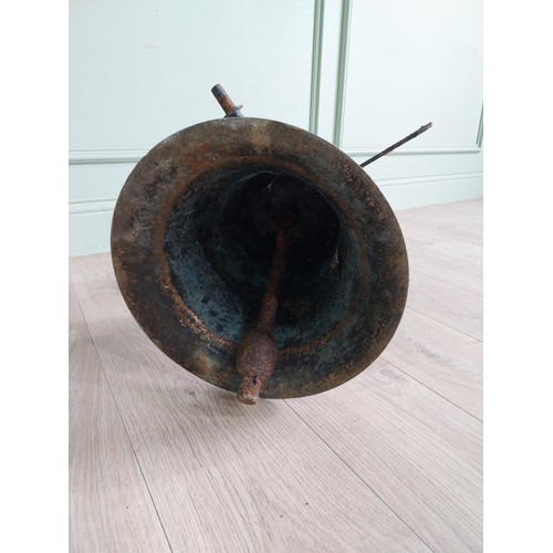 979 - Good quality 19th C. bronze bell with original wrought iron hanger {37 cm H x 34 cm W x 58 cm D}.