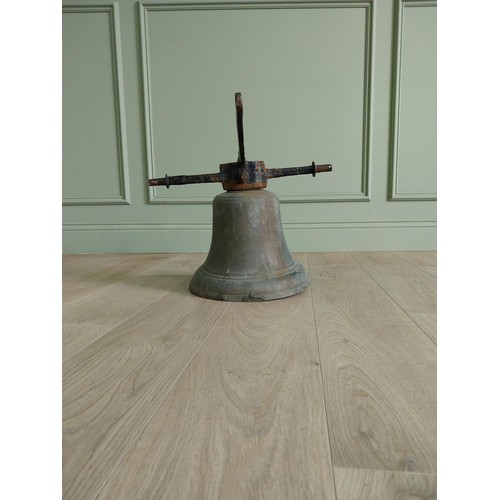 979 - Good quality 19th C. bronze bell with original wrought iron hanger {37 cm H x 34 cm W x 58 cm D}.