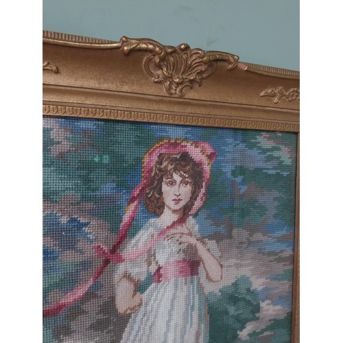 999 - Gilt framed embroidery depicting a Lady {59 cm H x 46 cm W}.