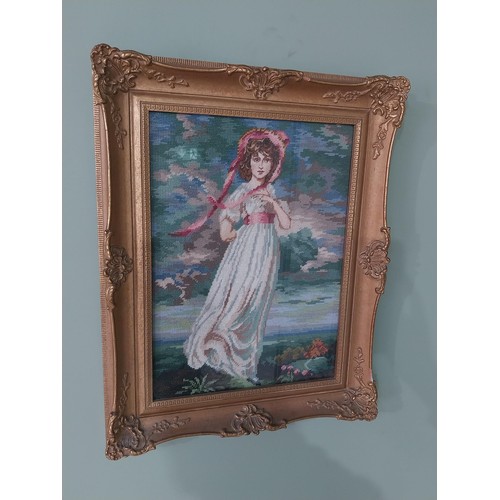 999 - Gilt framed embroidery depicting a Lady {59 cm H x 46 cm W}.