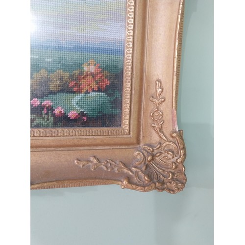 999 - Gilt framed embroidery depicting a Lady {59 cm H x 46 cm W}.