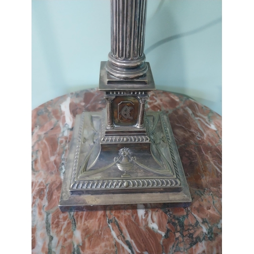 2030 - Good quality 19th C. silver plate Corinthian column table lamp with cloth shade originally from Lutt... 