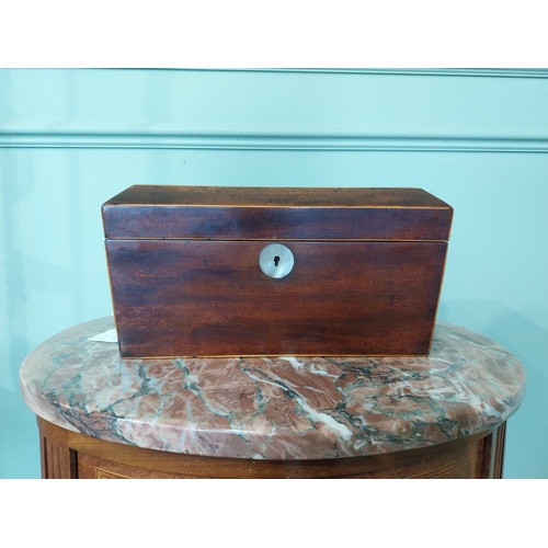 2042 - 19th C. mahogany and satinwood tea caddy with lion's mask handles. {16 cm H x 31 cm W X 16 cm D}.