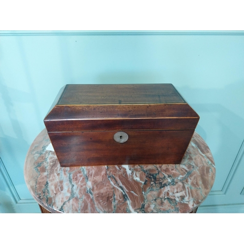 2042 - 19th C. mahogany and satinwood tea caddy with lion's mask handles. {16 cm H x 31 cm W X 16 cm D}.