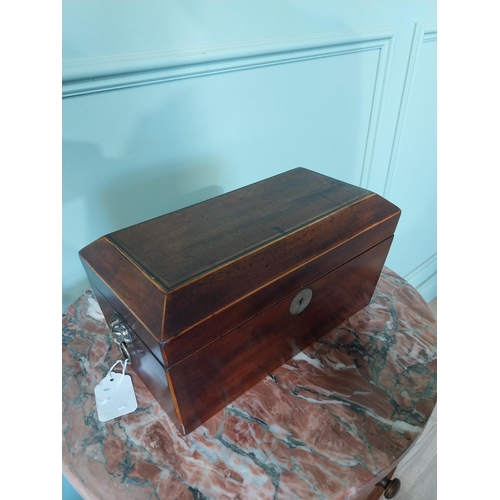 2042 - 19th C. mahogany and satinwood tea caddy with lion's mask handles. {16 cm H x 31 cm W X 16 cm D}.