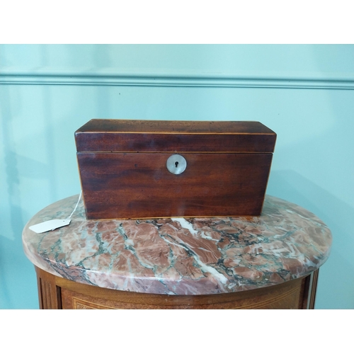 2042 - 19th C. mahogany and satinwood tea caddy with lion's mask handles. {16 cm H x 31 cm W X 16 cm D}.