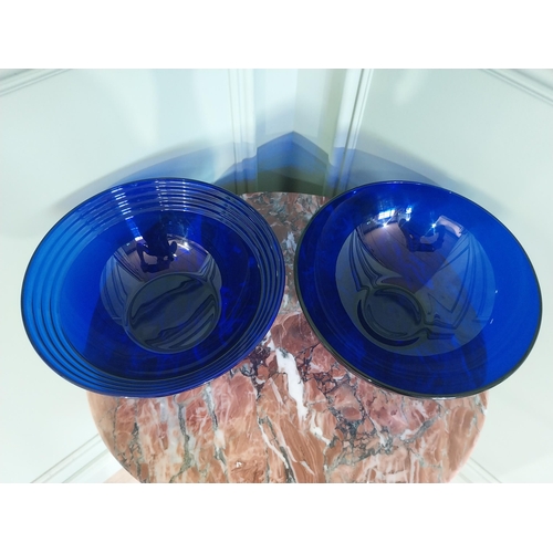 2053 - Two decorative blue glass bowls. {10 cm H x 25 cm Dia.}.