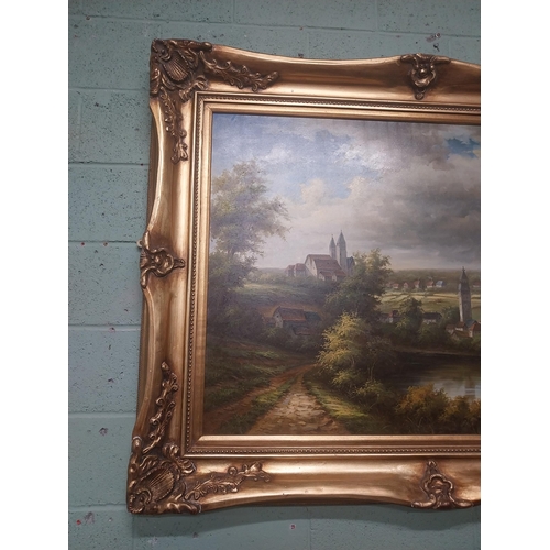 978 - Large Countryside scene oleograph mounted in giltwood frame {124 cm H x 158 cm W}.