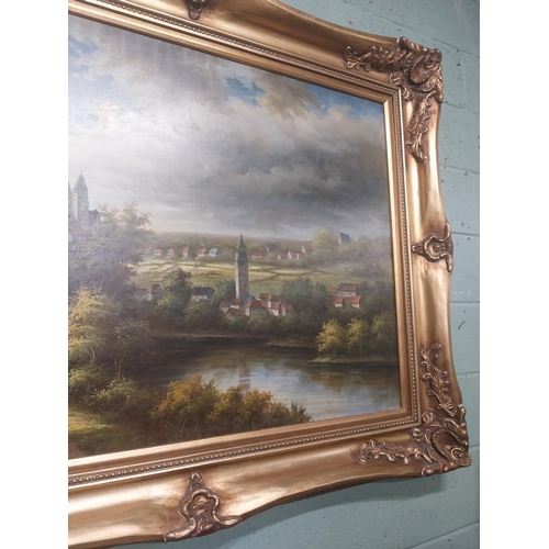 978 - Large Countryside scene oleograph mounted in giltwood frame {124 cm H x 158 cm W}.