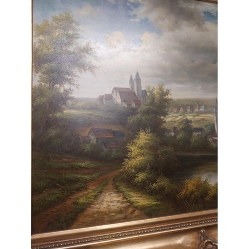 978 - Large Countryside scene oleograph mounted in giltwood frame {124 cm H x 158 cm W}.