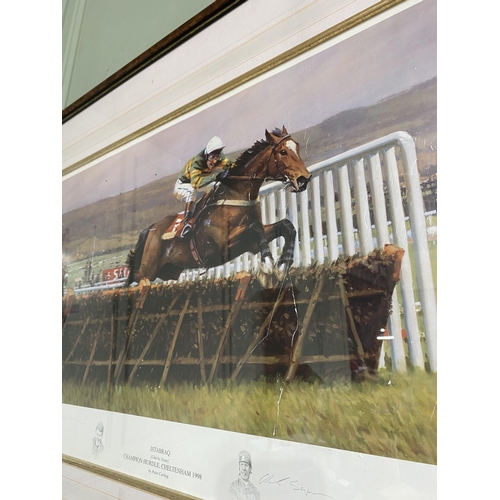 1034 - Peter Curling 'Istabraq (Charlie Swan) Champion Hurdle, Cheltenham 1998' coloured racing print signe... 