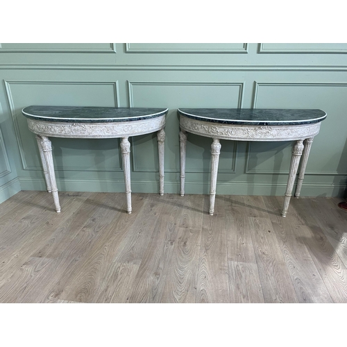 1150 - Pair of good quality early 20th C. Italian painted carved demi-lune console tables with Verde Antico... 