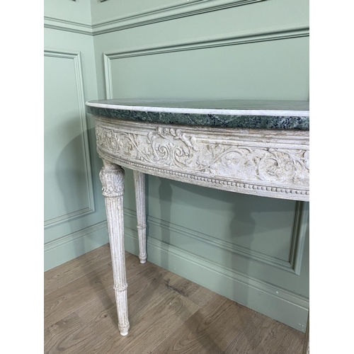 1150 - Pair of good quality early 20th C. Italian painted carved demi-lune console tables with Verde Antico... 