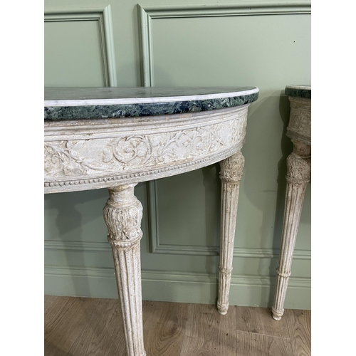 1150 - Pair of good quality early 20th C. Italian painted carved demi-lune console tables with Verde Antico... 