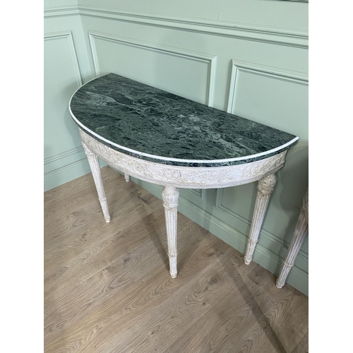 1150 - Pair of good quality early 20th C. Italian painted carved demi-lune console tables with Verde Antico... 