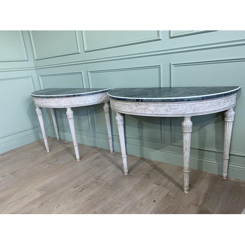 1150 - Pair of good quality early 20th C. Italian painted carved demi-lune console tables with Verde Antico... 