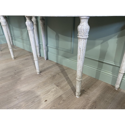 1150 - Pair of good quality early 20th C. Italian painted carved demi-lune console tables with Verde Antico... 