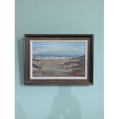 1154 - Gladys McCabe beach scene oil on board mounted in pine frame {Canvas dimensions 26 cm H x 39 cm W}.