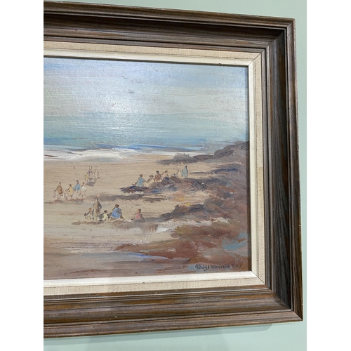 1154 - Gladys McCabe beach scene oil on board mounted in pine frame {Canvas dimensions 26 cm H x 39 cm W}.