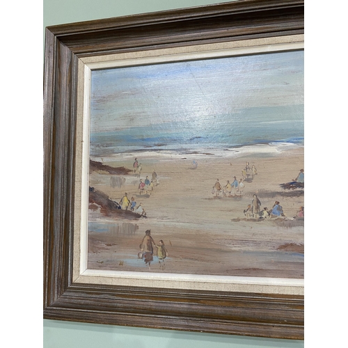 1154 - Gladys McCabe beach scene oil on board mounted in pine frame {Canvas dimensions 26 cm H x 39 cm W}.