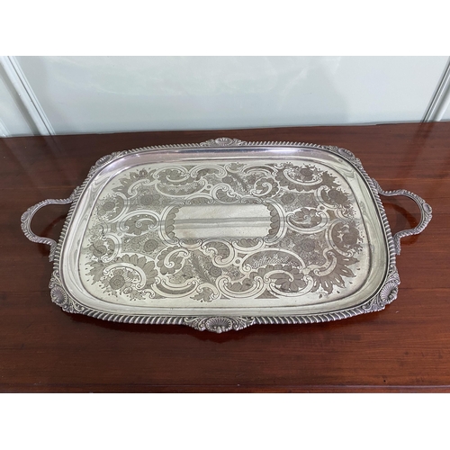 1209 - Good quality Edwardian silver plate serving tray {77 cm W x 46 cm D}.