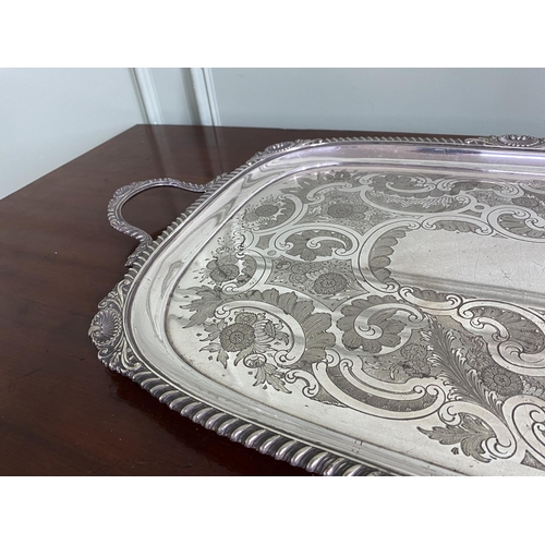 1209 - Good quality Edwardian silver plate serving tray {77 cm W x 46 cm D}.