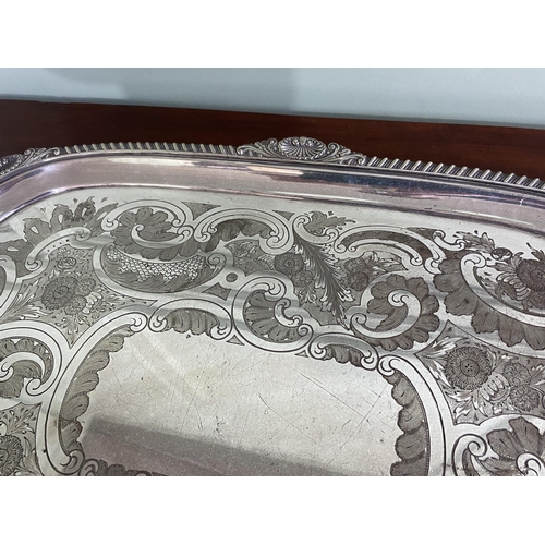 1209 - Good quality Edwardian silver plate serving tray {77 cm W x 46 cm D}.