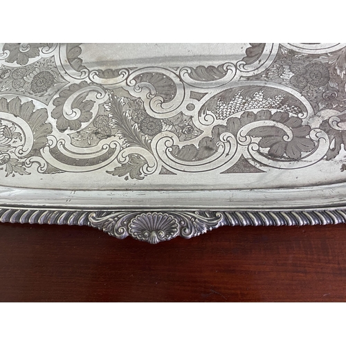 1209 - Good quality Edwardian silver plate serving tray {77 cm W x 46 cm D}.