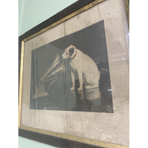 1307 - Rare original Edwardian His Masters Voice black and white print mounted in original oak frame {63 cm... 