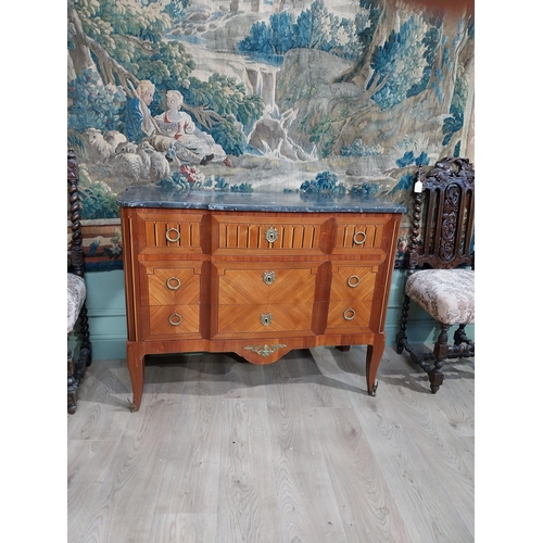 16 - 19th C. French kingwood and satinwood and ebony inlaid chest of drawers with marble top, ormolu moun... 