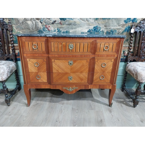 16 - 19th C. French kingwood and satinwood and ebony inlaid chest of drawers with marble top, ormolu moun... 