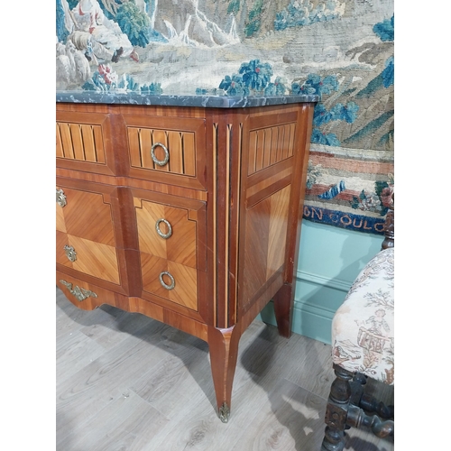 16 - 19th C. French kingwood and satinwood and ebony inlaid chest of drawers with marble top, ormolu moun... 