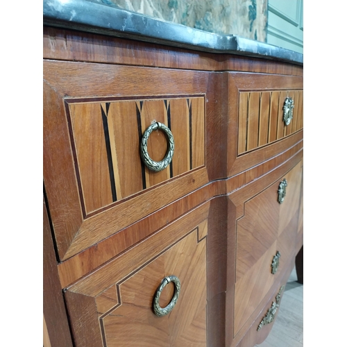 16 - 19th C. French kingwood and satinwood and ebony inlaid chest of drawers with marble top, ormolu moun... 