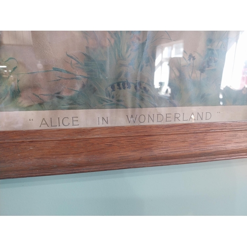 2069 - Edwardian Alice in Wonderland coloured print mounted in oak frame {86 cm H x 67 cm W}.