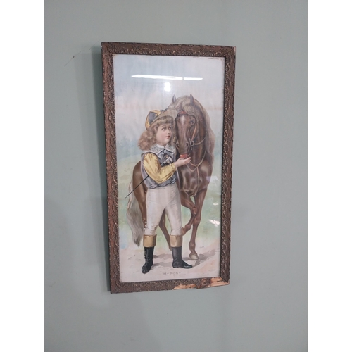 2070 - Edwardian My Pony coloured print mounted in pine and gesso frame {77 cm H x 39 cm W}.