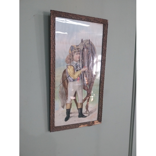 2070 - Edwardian My Pony coloured print mounted in pine and gesso frame {77 cm H x 39 cm W}.