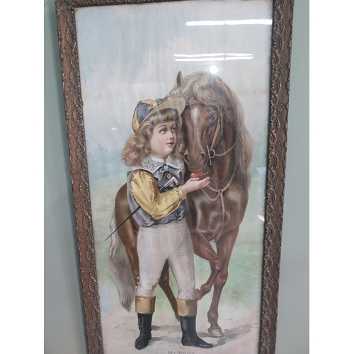 2070 - Edwardian My Pony coloured print mounted in pine and gesso frame {77 cm H x 39 cm W}.