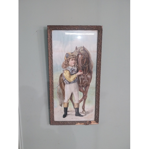 2070 - Edwardian My Pony coloured print mounted in pine and gesso frame {77 cm H x 39 cm W}.