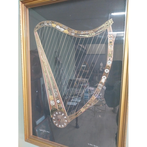 2072 - The Great Irish Harp by John Ammon 1918 mounted in gilt frame made from clock and watch parts {82 cm... 