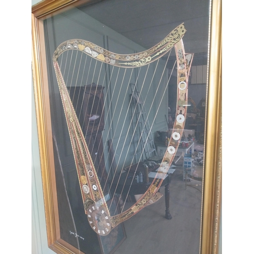 2072 - The Great Irish Harp by John Ammon 1918 mounted in gilt frame made from clock and watch parts {82 cm... 