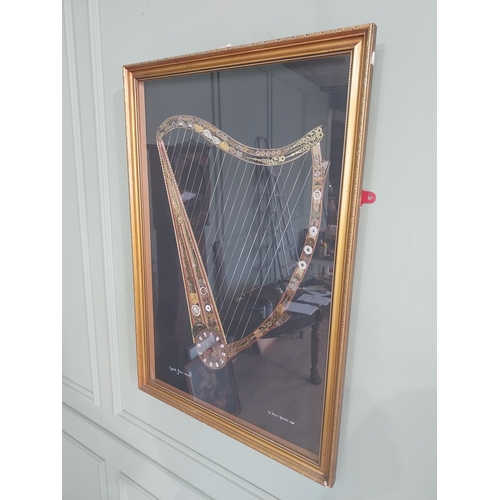 2072 - The Great Irish Harp by John Ammon 1918 mounted in gilt frame made from clock and watch parts {82 cm... 