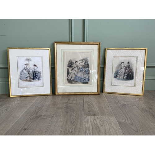 2078 - Three 19th C. coloured engravings mounted in gilt frames {46 cm H x 40 cm W and 41 cm H x 34 cm W}.