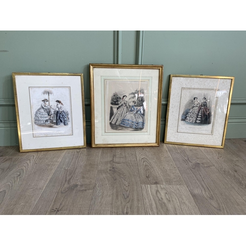 2078 - Three 19th C. coloured engravings mounted in gilt frames {46 cm H x 40 cm W and 41 cm H x 34 cm W}.