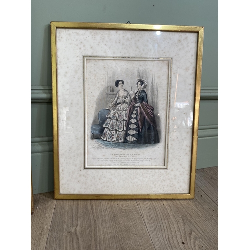 2078 - Three 19th C. coloured engravings mounted in gilt frames {46 cm H x 40 cm W and 41 cm H x 34 cm W}.