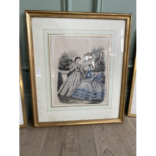 2078 - Three 19th C. coloured engravings mounted in gilt frames {46 cm H x 40 cm W and 41 cm H x 34 cm W}.