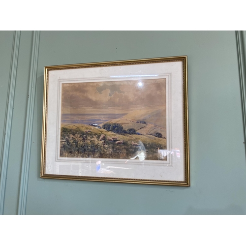 2079 - Early 20th C. Wolstonbury South Downs watercolour mounted in gilt frame {53 cm H x 66 cm W}.