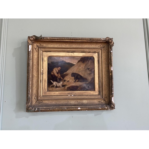 2080 - 19th C. Man with his dogs oil on board mounted in giltwood frame inscription WARDLE {47 cm H x 53 cm... 