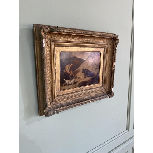 2080 - 19th C. Man with his dogs oil on board mounted in giltwood frame inscription WARDLE {47 cm H x 53 cm... 