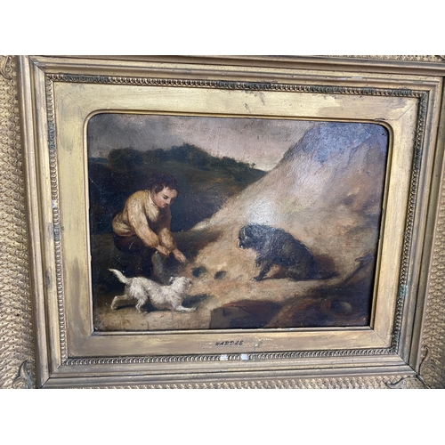 2080 - 19th C. Man with his dogs oil on board mounted in giltwood frame inscription WARDLE {47 cm H x 53 cm... 